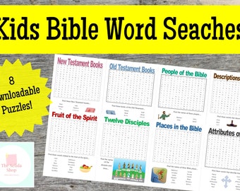 May include: Eight printable Bible word search puzzles for kids. The puzzles cover topics like New Testament books, Old Testament books, Fruit of the Spirit, Twelve Disciples, People of the Bible, Places in the Bible, Descriptions of Jesus, and Attributes of God.