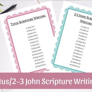May include: Two printable worksheets with pink and teal borders. The worksheets list verses from the books of Titus and 2-3 John. The title of the worksheets is "Titus Scripture Writing" and "2-3 John Scripture Writing".