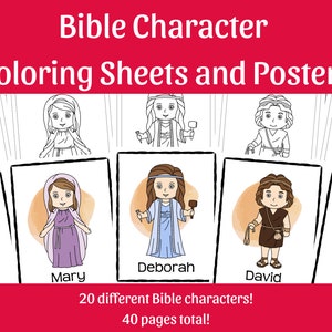 Puede incluir: Un conjunto de hojas para colorear con 20 personajes bíblicos diferentes. Los personajes están ilustrados en un estilo simple y de dibujos animados. Las hojas están diseñadas para niños e incluyen personajes como María, Débora y David. El texto en las hojas dice "Bible Character Coloring Sheets and Posters", "¡20 personajes bíblicos diferentes!" y "¡40 páginas en total!"