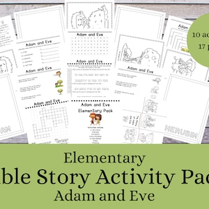 Könnte beinhalten: Schwarzweißes druckbares Aktivitätspaket für Kinder mit der biblischen Geschichte von Adam und Eva. Das Paket enthält 10 Aktivitäten und 17 Seiten. Der Text "Adam and Eve Elementary Pack" ist auf dem Cover sichtbar.