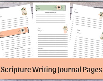 May include: Four printable pages for a scripture writing journal. Each page features a floral design and space to write the date, passage, what the passage says, and what the passage means. The final page has space for thoughts.