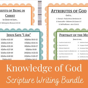 Peut inclure: Un lot d'écriture d'Écritures imprimable avec des bordures orange et vertes. Le lot comprend des sections intitulées "Avantages d'être en Christ", "Jésus dit "Je suis"", "Attributs de Dieu" et "Portrait du Messie".