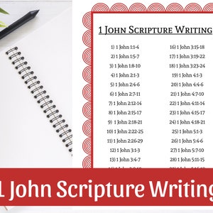 May include: A printable worksheet with a red border and a list of 1 John Bible verses. The title of the worksheet is "1 John Scripture Writing".