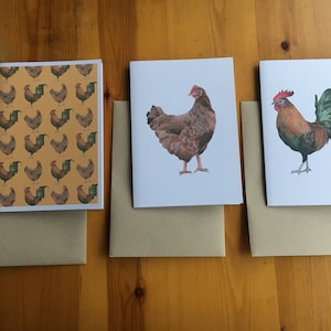 Poule/Cockerel/Poulet Carte de voeux A6 Paquet blanc de 3