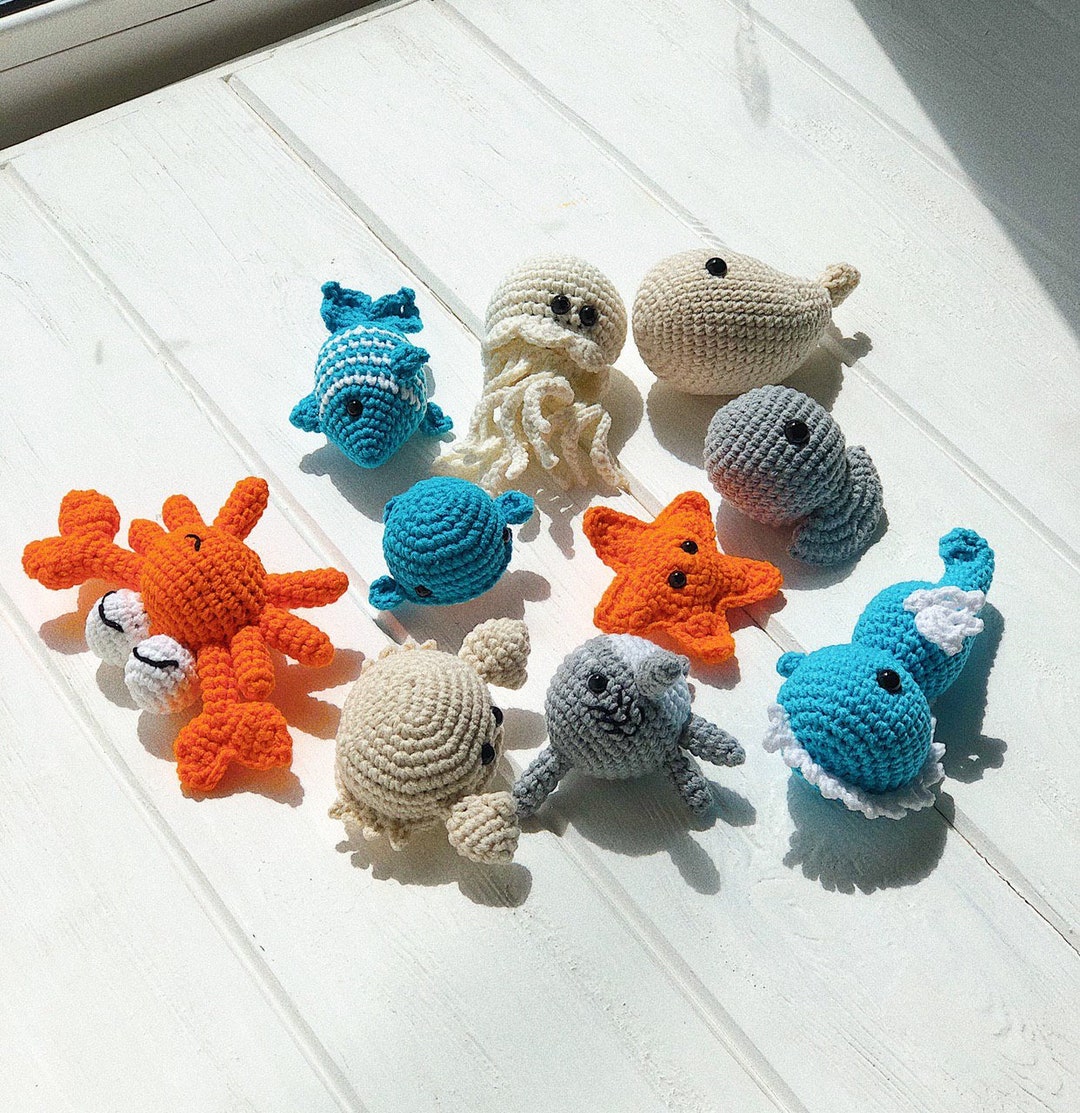 Set of 10 pcs crochet sea creature,knit aquatic inhabitants,handmade plush toy,knit oceanic dwellers,crochet plush fish,soft whale,jellyfish