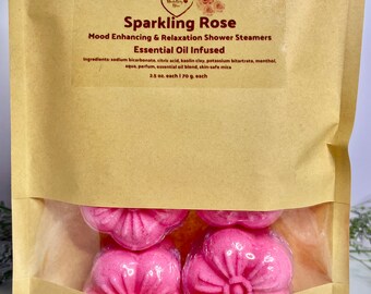 BIG Strongly Scented Sparkling Rose Shower Steamers | Extra Large | Essential Oil Aromatherapy Deep Relaxation Self Care Gift