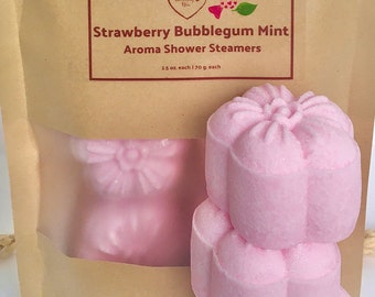 BIG Strongly Scented Strawberry Bubblegum Mint Shower Steamers | XL Uplift & Soothe Aromatherapy| Self Care Spa Gift | Shower Lovers