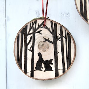 Woodland Bunnies Ornament, Wood Slice Decoration for Couples, Newlyweds, Family, Friends, People with Rabbits or other Pets