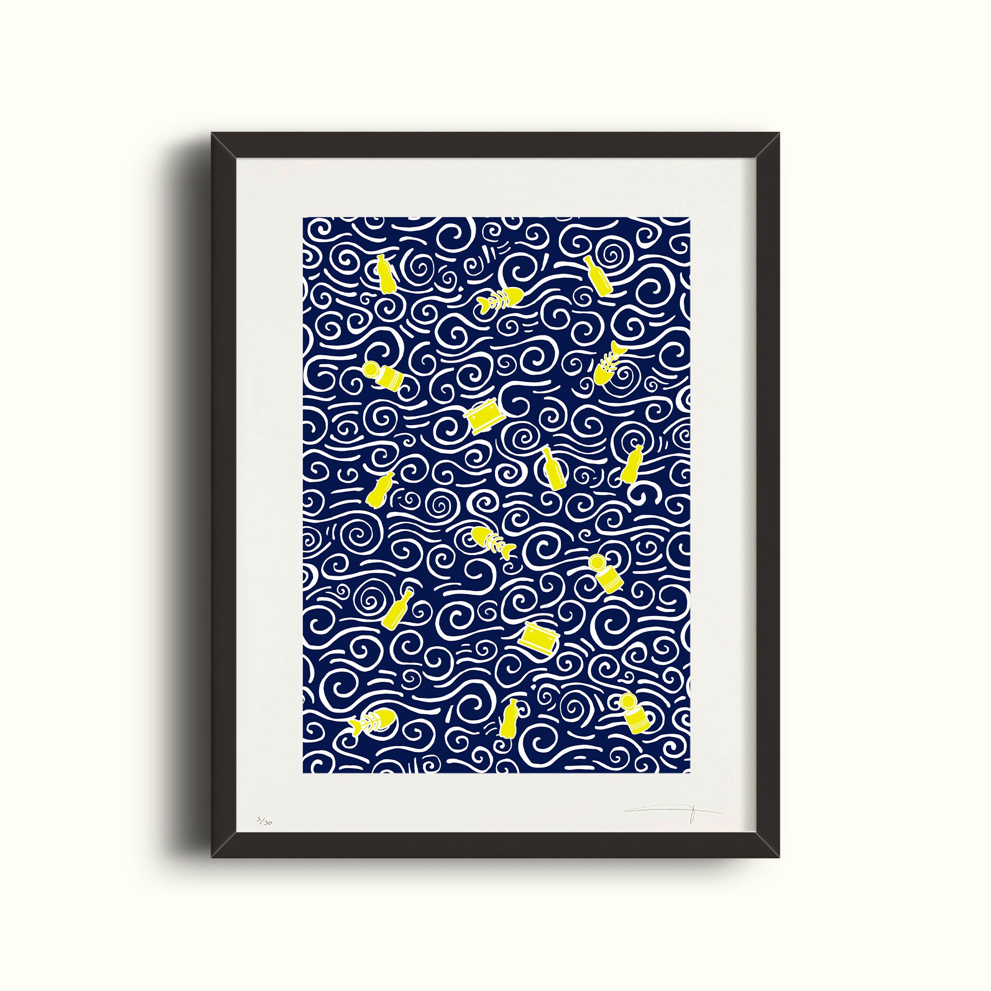 Respecte Ta Mer - Sérigraphie Bleu Nuit et Jaune Fluo 50 Exemplaires Papier 320G 30x40cm La Motiferi