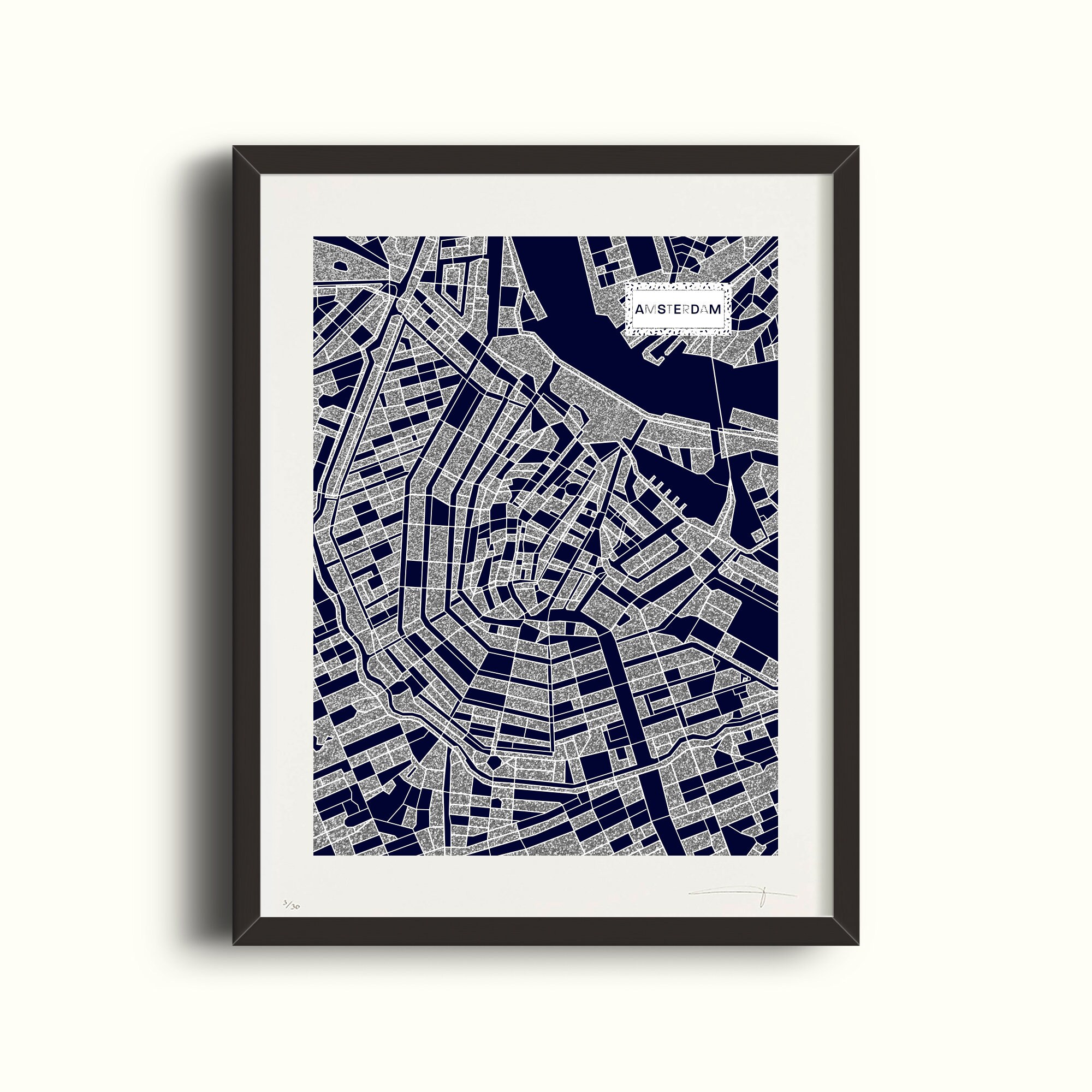 Amsterdam - Sérigraphie Argent Paillette et Bleu Navy 50 Exemplaires Papier 350G 40x50cm La Motiferi