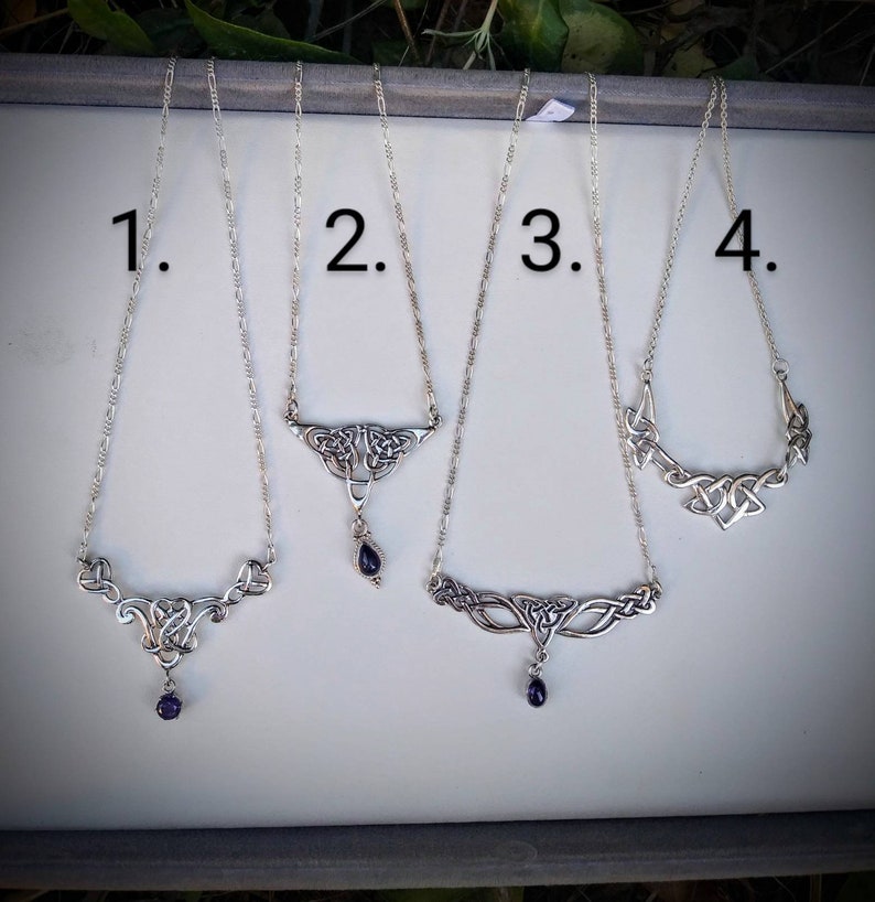 Choice of 4 different designs. Celtic Necklaces in Sterling Silver with Amethyst stones by Anita McKenzie