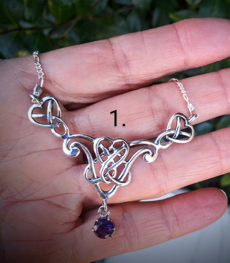Choice of 4 different designs. Celtic Necklaces in Sterling Silver with Amethyst stones by Anita McKenzie