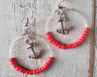 Red Hoop Earrings | Silver Hoop Earrings | Beaded Hoop Earrings | Beaded Earrings | Anchor Earrings | Nautical Earrings | Nautical Jewelry