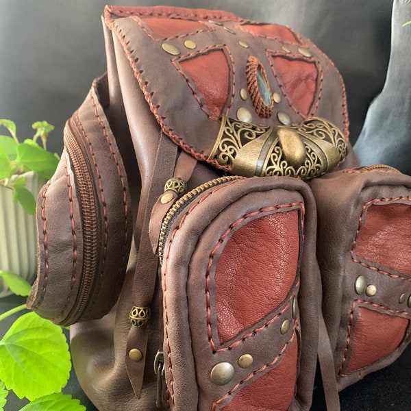 THIRIA - adjustable leather backpack(BROWN)// labradorite, leather, handmade, bag, shoulder bag, backpack, festival wear, burning man, ozora