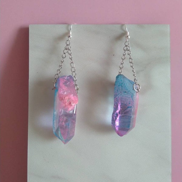 Fairycore Crystal Quartz Earrings, Genuine Quartz Earrings, Dyed Cotton Candy Earrings, Pastel Unique Quirky Jewelry Gift, Fairy accessories