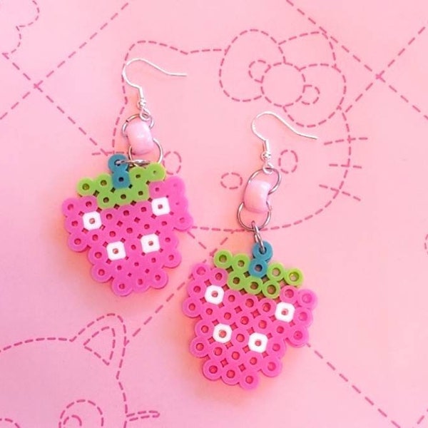 Perler Bead Strawberry Earrings, Unique Custom Handmade Jewelry, Fuse Beads Hama Bead Earrings