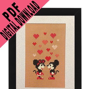 Patrón de punto de cruz Mickey y Minnie enamorados Tarjeta de 5 x 7