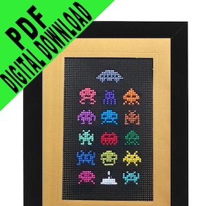 Patrón de punto de cruz de invasión alienígena, tarjeta de 5 x 7