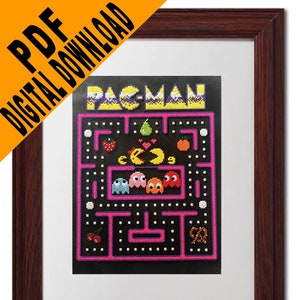 Könnte beinhalten: Ein Kreuzstichmuster des klassischen Arcade-Spiels Pac-Man. Das Muster zeigt Pac-Man, die Geister und das Labyrinth. Das Muster ist in Schwarz, Weiß, Rosa, Gelb, Orange, Blau und Grün.