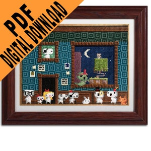 May include: A cross-stitch pattern featuring a whimsical scene of a house with a moon and stars in the window.  There are several small, white animals with black spots standing in front of the house.  The pattern is framed in a dark wood frame.