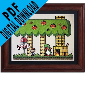 May include: A pixelated cross-stitch design of a scene from the Super Mario Bros. video game. The scene features Mario and Yoshi standing in front of a house with a chimney and a green roof. The house is surrounded by trees and bushes. The text "Yoshi" is written on a sign in front of the house.