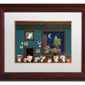May include: A framed cross-stitch artwork depicting a room with a window, a night sky, a crescent moon, and a figure in a green robe. There are several small figures in the foreground, including a figure with a red hat and a figure with a blue hat. The room is decorated with a blue and green patterned wallpaper.