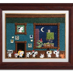 May include: A framed cross-stitch artwork depicting a scene with a group of white, pixelated characters in front of a window with a night sky and a crescent moon. The characters are wearing hats and some have glasses. There are several framed pictures on the wall behind the characters.