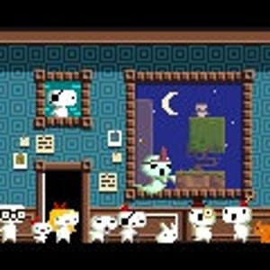 May include: A group of white bunny plushes with different colored hats and accessories stand in front of a blue and brown room with framed pictures on the wall. The room has a door on the left side and a large painting on the right side. The painting depicts a night scene with a moon, a small bird, and a green platform.