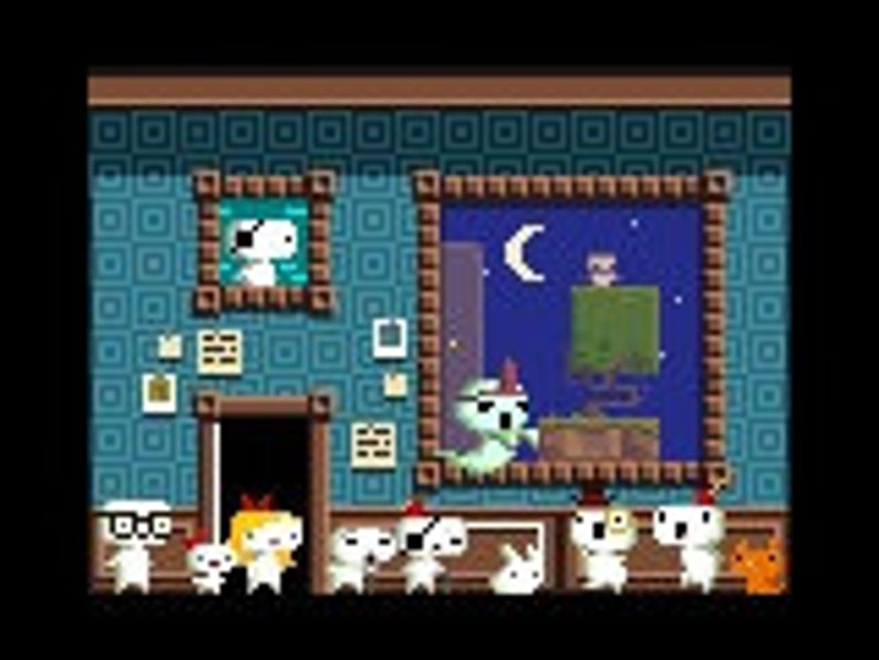 May include: A group of white bunny plushes with different colored hats and accessories stand in front of a blue and brown room with framed pictures on the wall. The room has a door on the left side and a large painting on the right side. The painting depicts a night scene with a moon, a small bird, and a green platform.