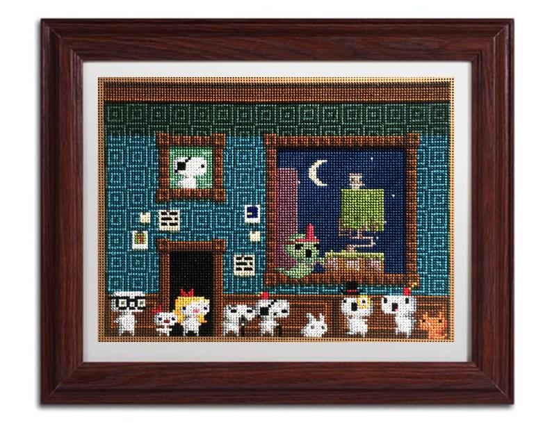 May include: A framed cross-stitch artwork depicting a scene with a group of white, pixelated characters in front of a window with a night sky and a crescent moon. The characters are wearing hats and some have glasses. There are several framed pictures on the wall behind the characters.