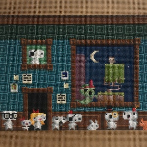May include: Cross-stitch pattern of a room with a window looking out at a night scene. There are several small white figures with different hats and accessories standing in front of the window. The room has a teal blue wall with a brown door and a brown frame around the window.