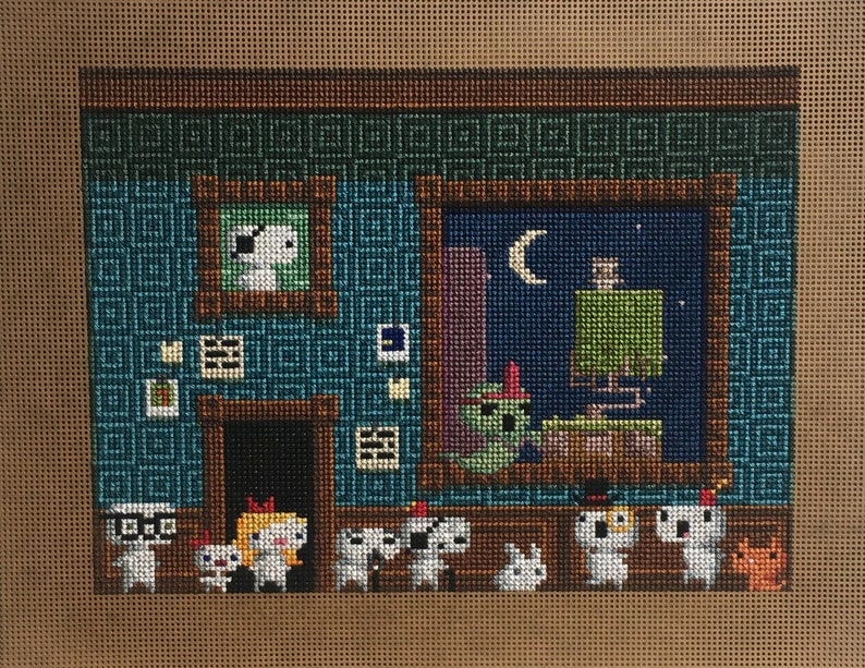 May include: Cross-stitch pattern of a room with a window looking out at a night scene. There are several small white figures with different hats and accessories standing in front of the window. The room has a teal blue wall with a brown door and a brown frame around the window.