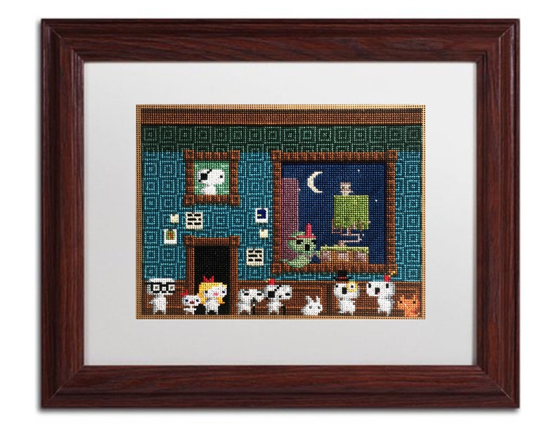 May include: A framed cross-stitch artwork depicting a room with a window, a night sky, a crescent moon, and a figure in a green robe. There are several small figures in the foreground, including a figure with a red hat and a figure with a blue hat. The room is decorated with a blue and green patterned wallpaper.