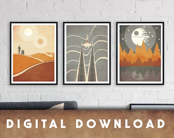 May include: Three minimalist Star Wars themed prints with a black frame. The first print features a desert landscape with two figures and two suns. The second print features a white and orange spaceship flying through a gray and white striped background. The third print features a dark gray moon with a white circle in the center and a mountain range in the foreground.