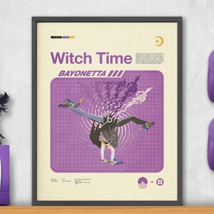 Op de afbeelding: Een paarse en witte poster met de tekst "Witch Time" en "BAYONETTA III" in een retro stijl. De poster toont een gestileerde afbeelding van een vrouw in een paarse outfit die een beweging met een zwaard uitvoert. De poster bevat ook een cirkel met een "B" erin en een wassende maan.