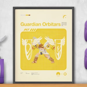 Puede incluir: Un póster amarillo y blanco con el texto "Guardian Orbitars" y "PIT III" en un marco negro. El póster presenta un personaje de videojuego con alas y una espada. El personaje está de pie sobre un fondo de cuadrícula amarilla. El póster está colgado en una pared con dos mandos de juego morados.