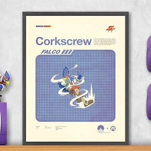 Könnte beinhalten: Ein Poster mit einem blauen und weißen Gitterhintergrund, auf dem ein Comic-Charakter eine Korkenzieherbewegung ausführt. Das Poster trägt den Titel "Corkscrew" mit dem Text "Falco III" darunter. Das Poster ist in Schwarz gerahmt und hat ein rot-weiß-blaues Farbschema.