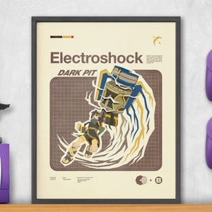 May include: A retro-style poster with a brown background and a grid pattern. The poster features a character from the video game Super Smash Bros. The character is in mid-air, surrounded by a blue and yellow electrical effect. The poster also includes the text "Electroshock" and "DARK PIT".