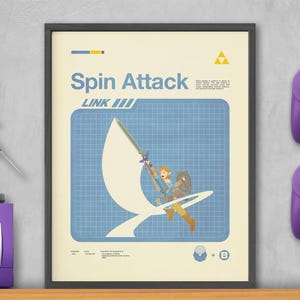 May include: Framed poster featuring a stylized illustration of Link performing a Spin Attack, with text that reads "Spin Attack LINK III." A figurine of Link and two purple game controllers are also visible.