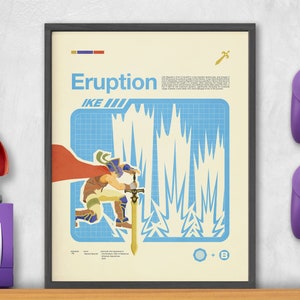 May include: A retro-style poster featuring a character from the video game Fire Emblem: Path of Radiance. The poster is titled "Eruption" and features the character Ike in a blue and white grid pattern. The poster is framed in black and is displayed on a shelf with a purple GameCube console and controller.