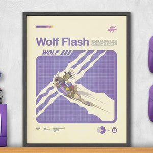 May include: A framed poster with a purple and white design featuring a character from the video game Star Fox. The poster has the text "Wolf Flash" and "Wolf III" on it. The poster is framed in black and is hanging on a white wall. There are two purple GameCube controllers on the wall to the right of the poster.