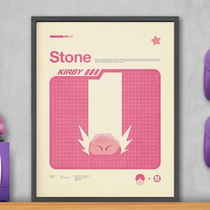 May include: A framed poster featuring a pink and cream graphic design with the word "Stone" and "Kirby" in a retro style. A pink Kirby figurine and a purple game console are on a shelf below the poster. Two purple game controllers are mounted on the wall.