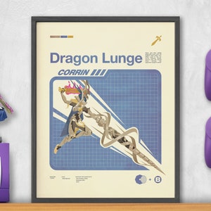 May include: A retro-style poster featuring a character from the video game Fire Emblem: Fates. The poster is titled "Dragon Lunge" and features the character Corrin performing a special attack. The poster is in a black frame and is displayed on a shelf with a purple GameCube controller and a figurine.