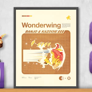 Op de afbeelding: Een retro-poster voor het videospel "Banjo-Kazooie: Wonderwing". De poster heeft een bruin en oranje rasterpatroon met een geel en rood vogelkarakter dat door de lucht vliegt. De tekst "Wonderwing" staat in een vet, wit lettertype, en de tekst "Banjo & Kazooie" staat in een kleiner, wit lettertype.