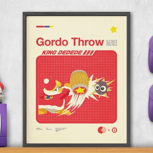 May include: A framed poster with a red and white grid background featuring a cartoon character throwing a large barrel. The poster is titled "Gordo Throw" and "KING DEDEDE III".