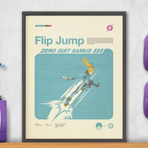 Puede incluir: Un póster enmarcado con un fondo de cuadrícula azul y blanco que presenta un personaje del videojuego Metroid. El personaje está realizando un movimiento de "Flip Jump". El póster tiene el texto "Flip Jump" y "ZERO SUIT SAMUS III" en una fuente retro. El póster está enmarcado en negro y tiene un passe-partout blanco.