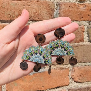 Bohemian Mandala & Copper Dangle Earrings with Stud Back. Handmade from Recycled Metals
