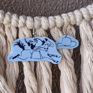 Rodeo Cowboy Bronc Rider Western Mismatched Blue Dangle Earrings. Handmade from Recycled Metals