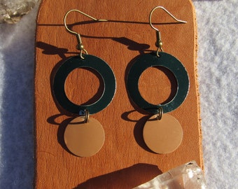Modern Circular Cutout Dangle Tiered Tin Earrings Handmade from Recycled Materials Forest Green and Peach Colored