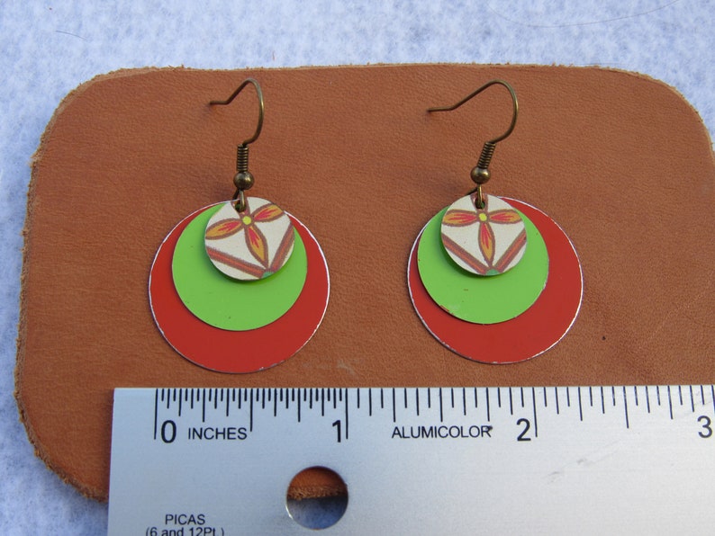 Handmade from Recycled Materials Orange and Green Flower Design on Circular Layered Dangle Tin Earrings